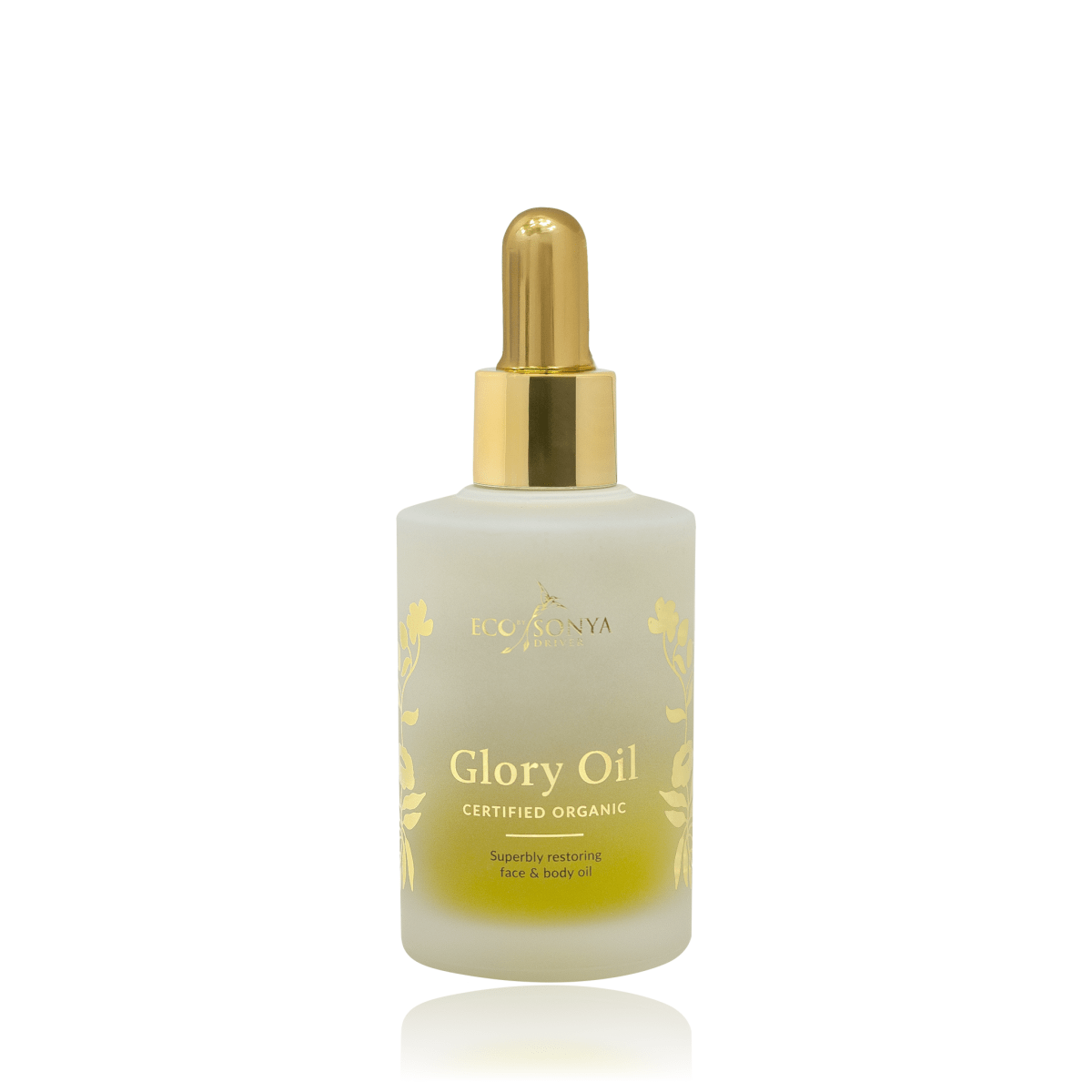Bottle of 'Glory Oil' 100ml with a gold dropper on a white background - Eco By Sonya Australia